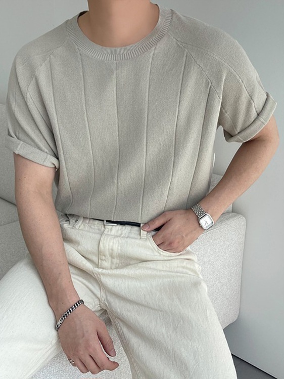 亞麻插肩短袖針織衫