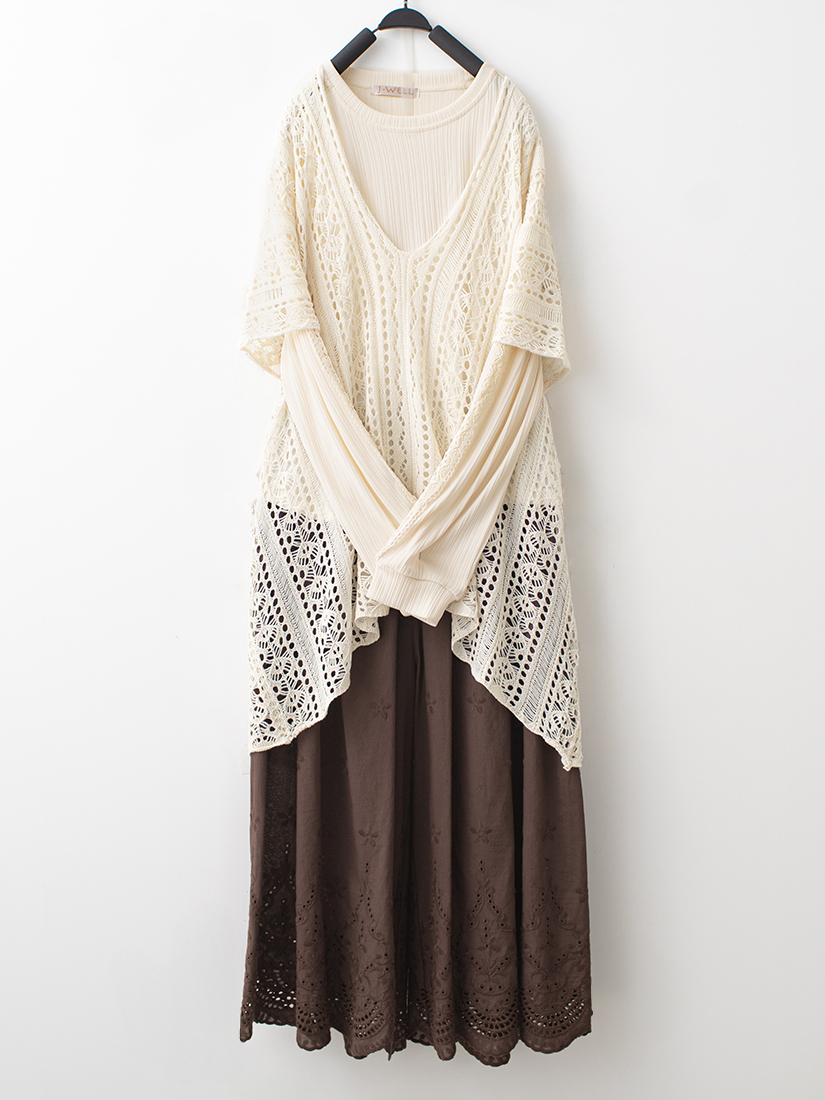 簍空針織罩衫條紋簍空蕾絲內搭繡花柔軟寬褲組合