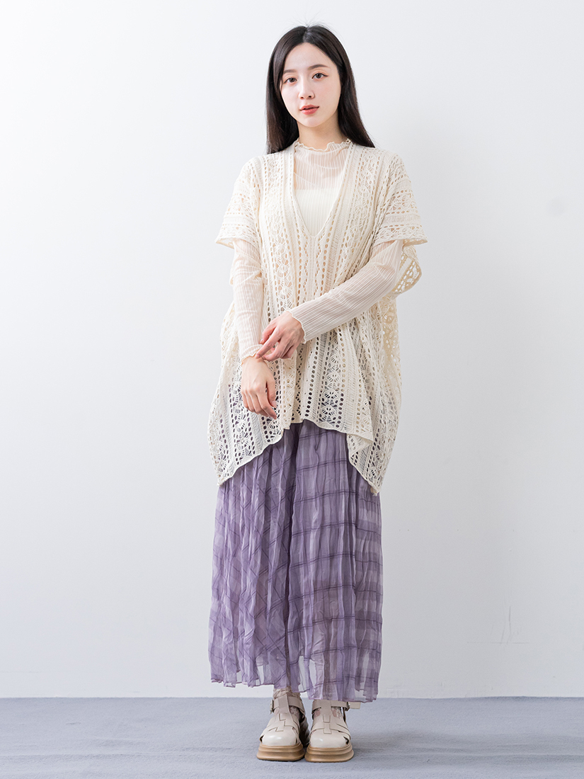簍空提花針織罩衫透膚內搭上衣壓皺格紋雙層長裙組合
