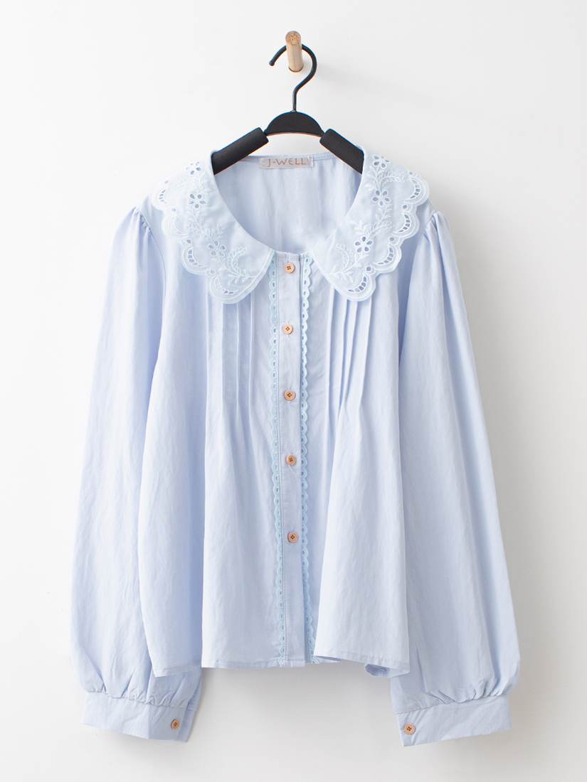 溫柔棉蕾絲繡花領壓褶開襟長袖襯衫