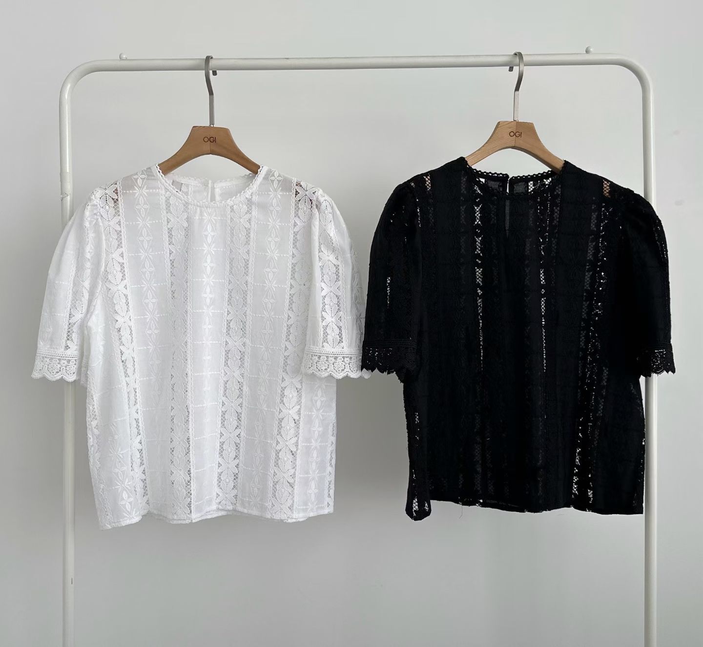 OG6001 清新鏤空花紋泡泡袖上衣