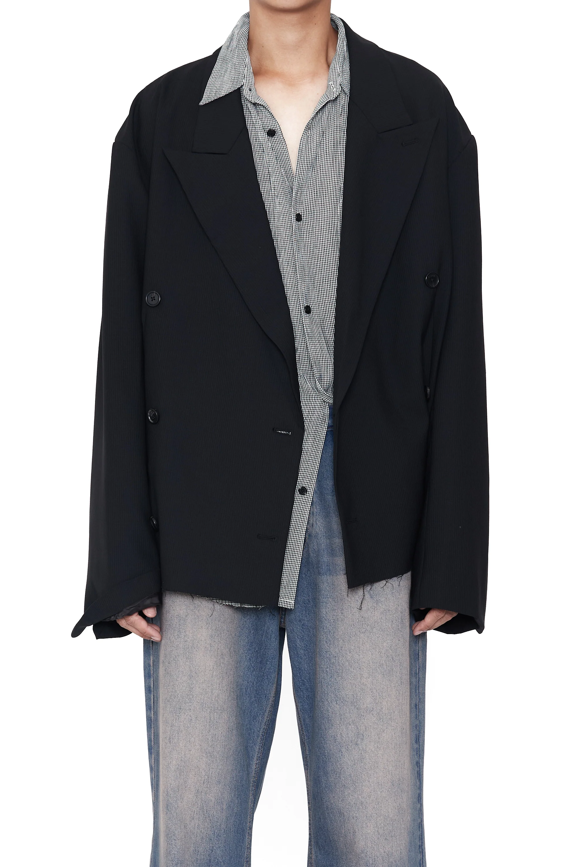 CODA - WOOL CUT OFF DOUBLE BREASTED LENTO BLAZER / BLAC