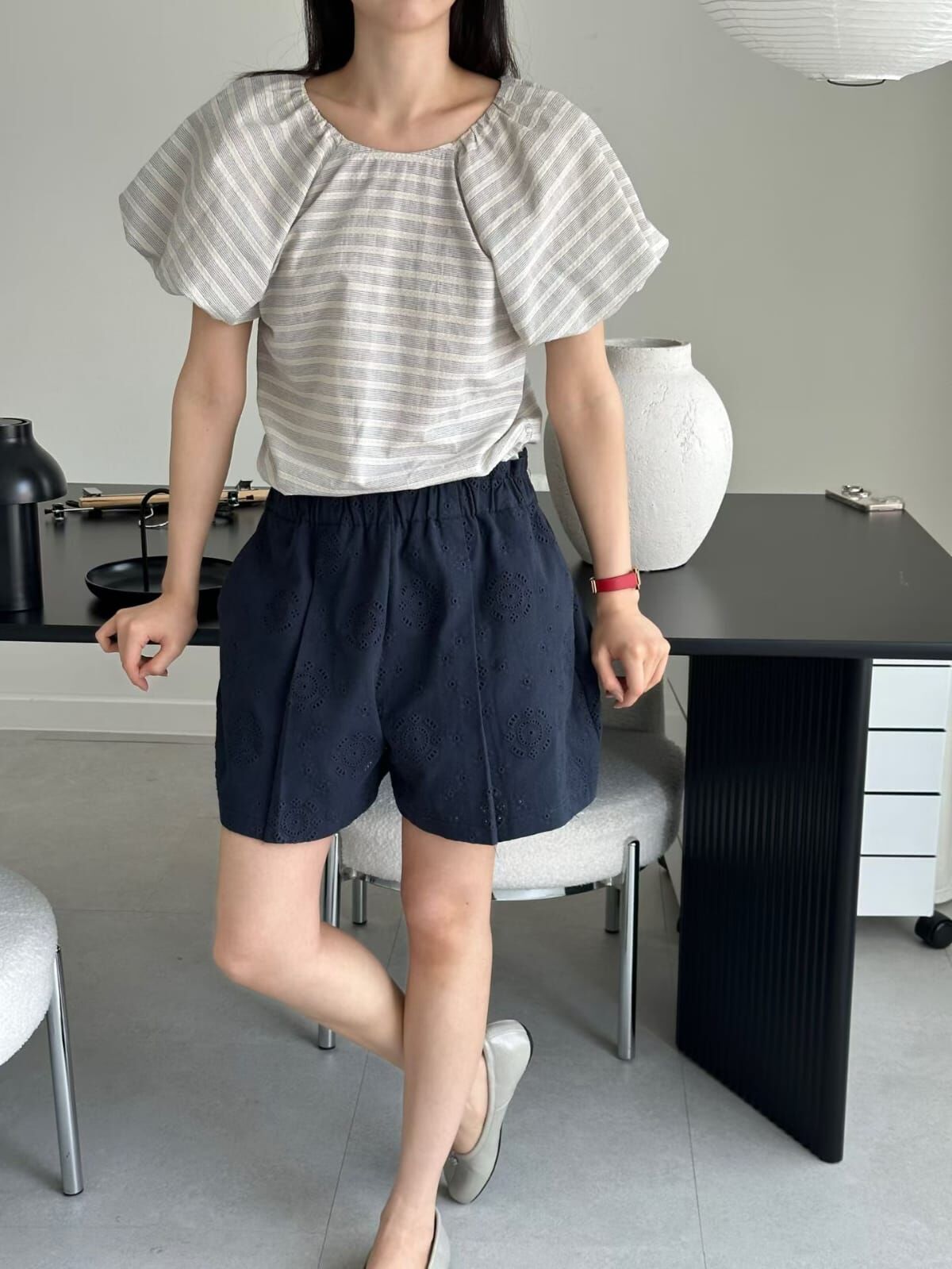 OG6004 條紋後蝴蝶綁帶公主袖上衣