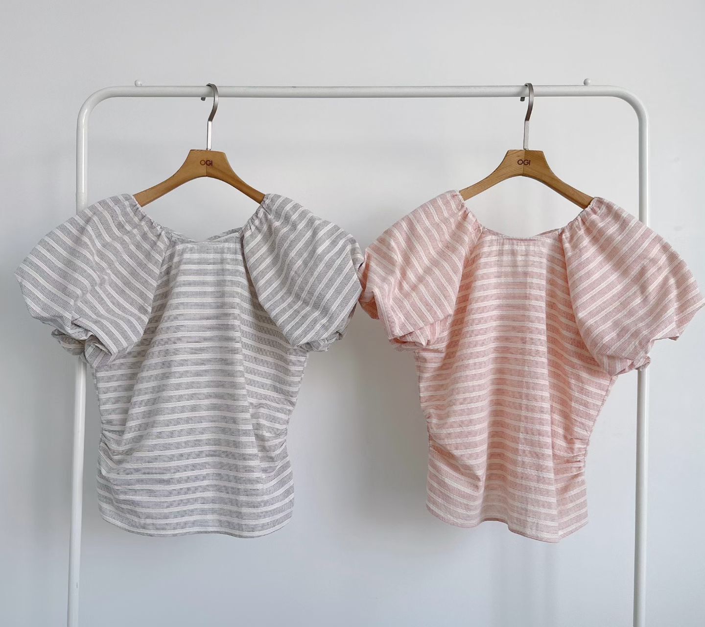 OG6004 條紋後蝴蝶綁帶公主袖上衣