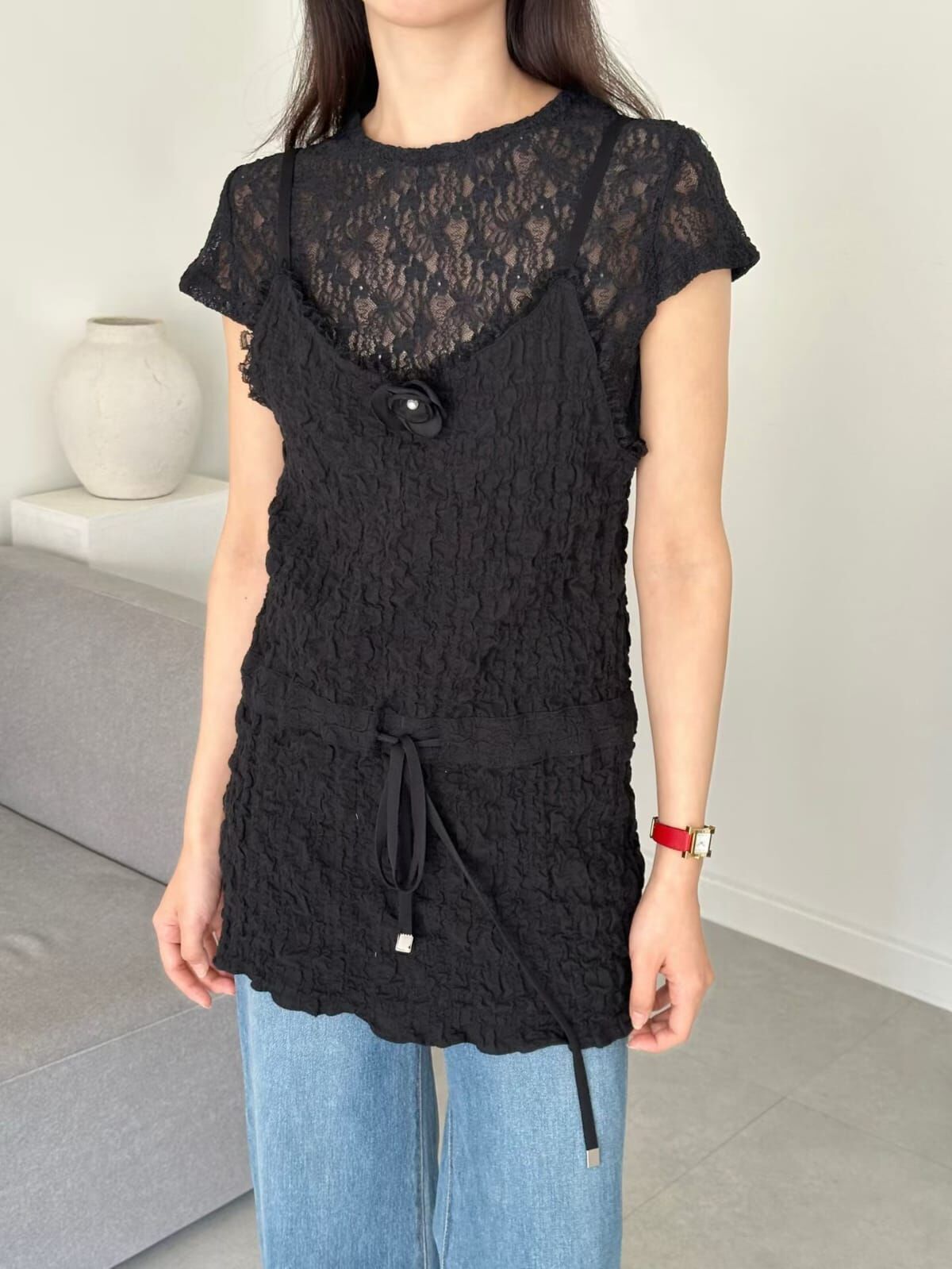 OG6005 立體花樹紋皺皺綁帶吊帶外搭