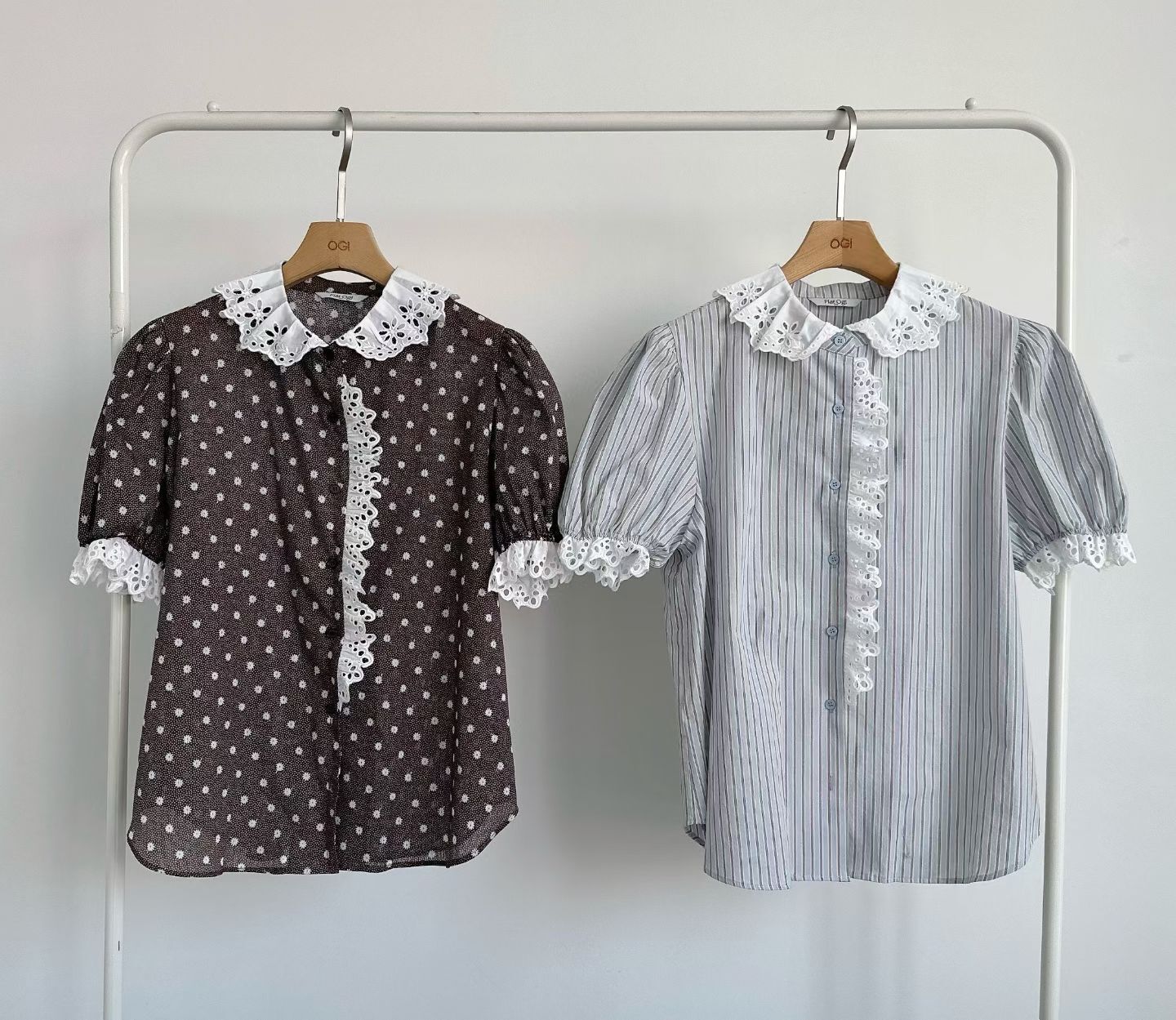 OG6006 花邊拼接排扣泡泡袖上衣