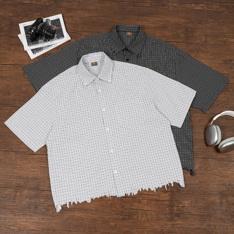 歐美街頭格紋下擺破壞BOXY夏季襯衫
