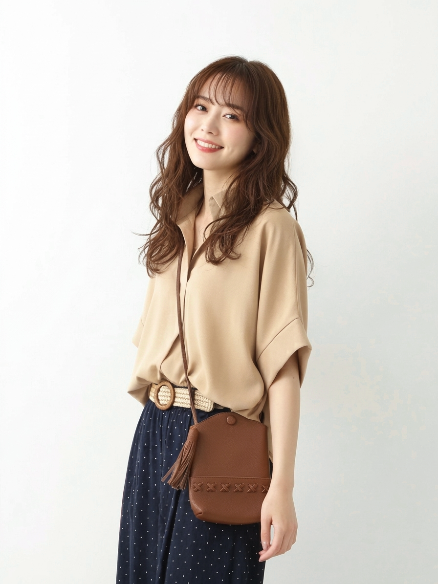 反摺短袖上衣棉麻感點點印花九分寬褲組合