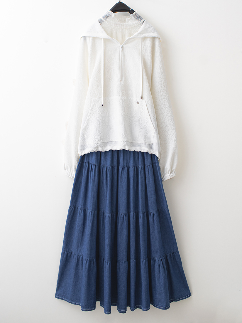 半開襟連帽上衣透膚立領上衣蛋糕牛仔長裙組合
