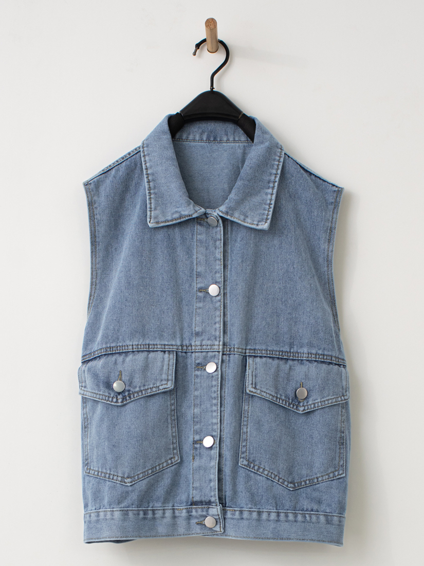 牛仔背心半開襟連帽上衣水洗打褶直筒寬褲組合