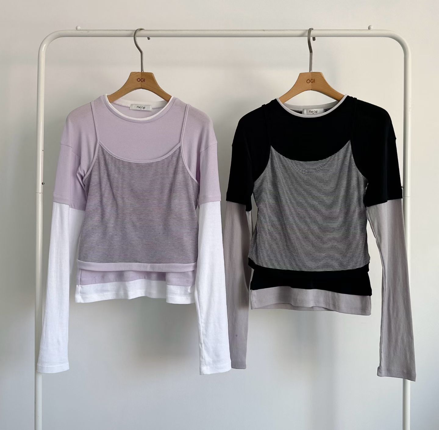 OG6014 真兩件條紋吊帶拼色上衣