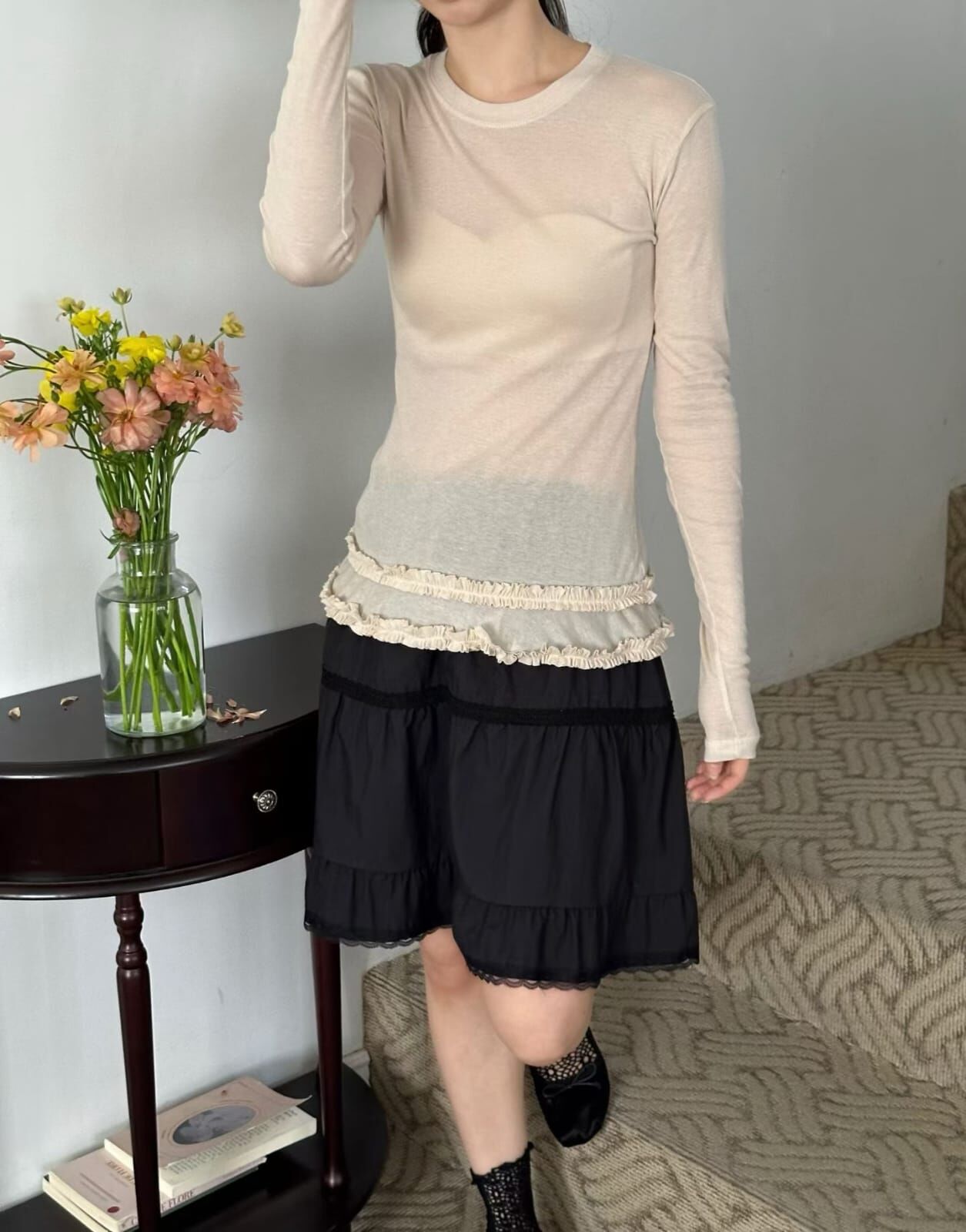 OG6019 木耳下擺修身打底上衣