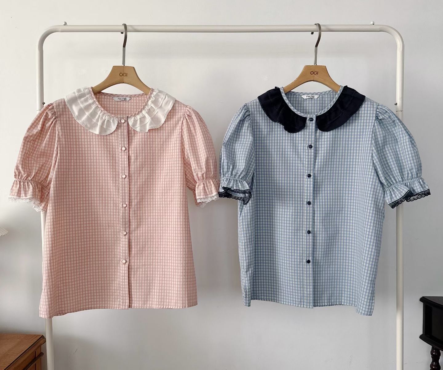 OG6020 娃娃領格紋公主袖襯衫