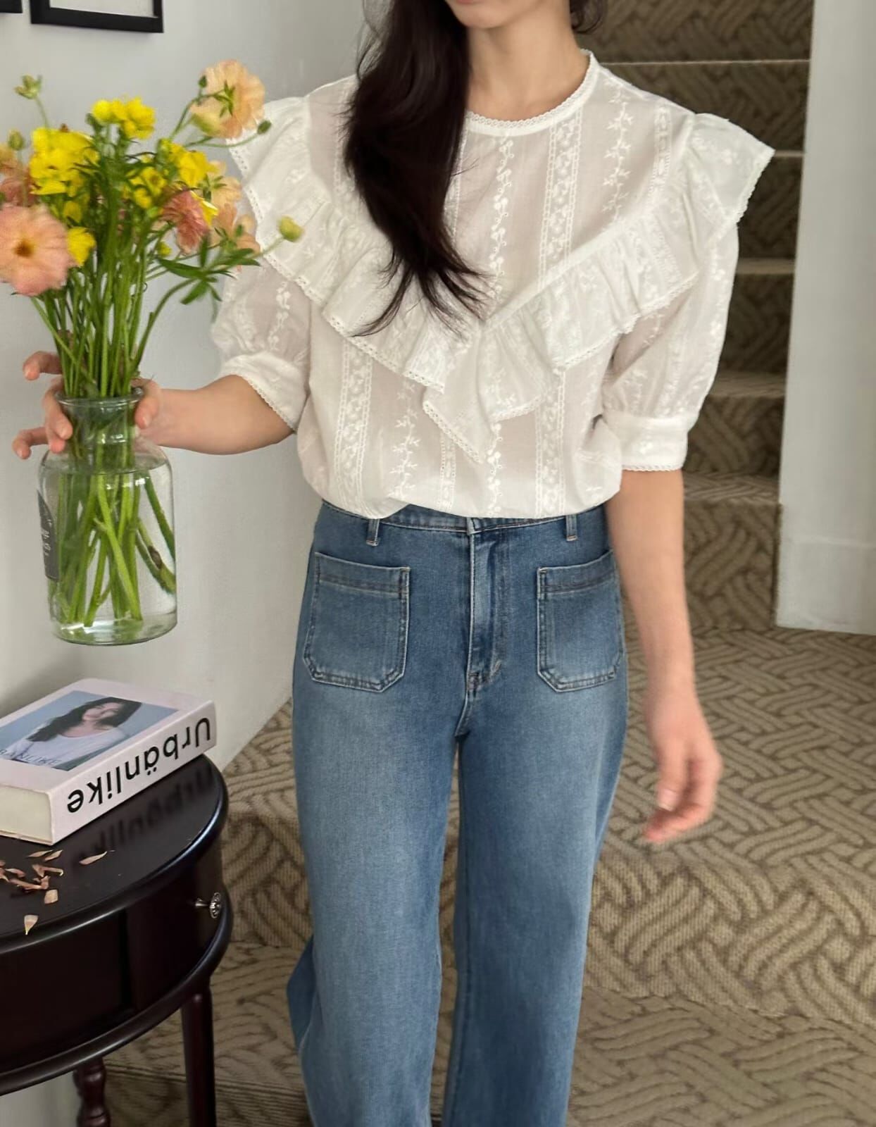 OG6021 荷葉刺綉花花蕾絲上衣