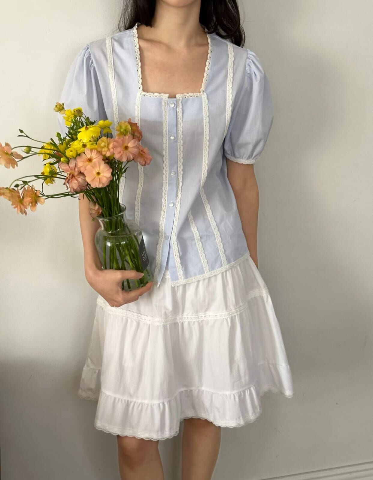 OG6022 法式方領花邊直紋排扣上衣