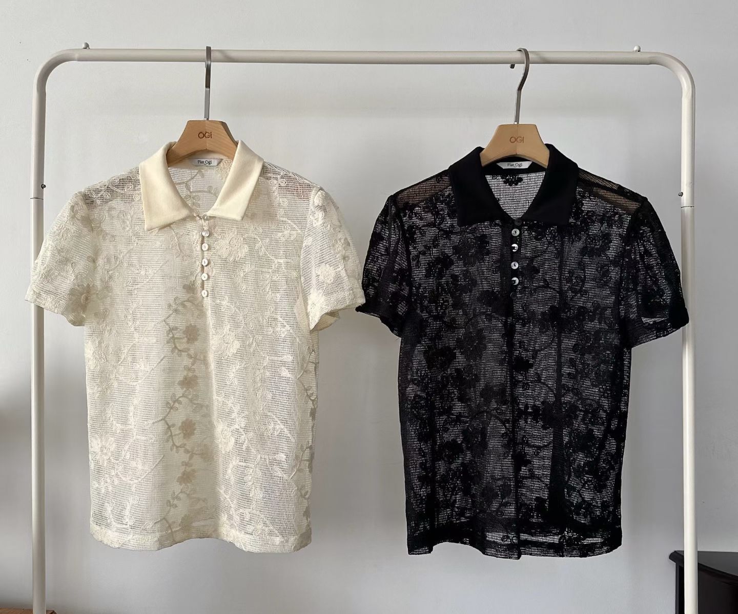 OG6023 亨利翻領刺綉透膚外搭