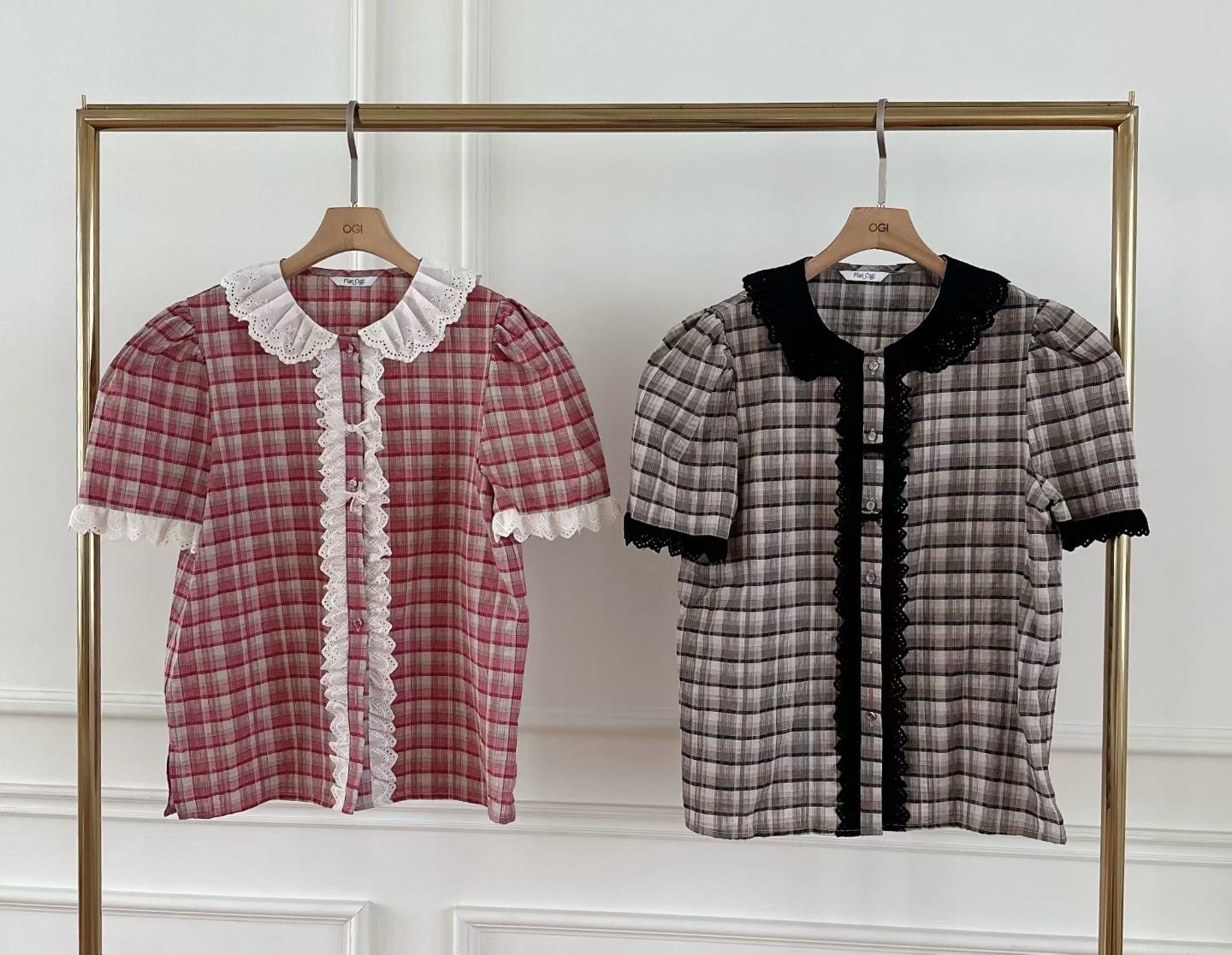 OG6024 可愛格紋花邊泡泡袖上衣