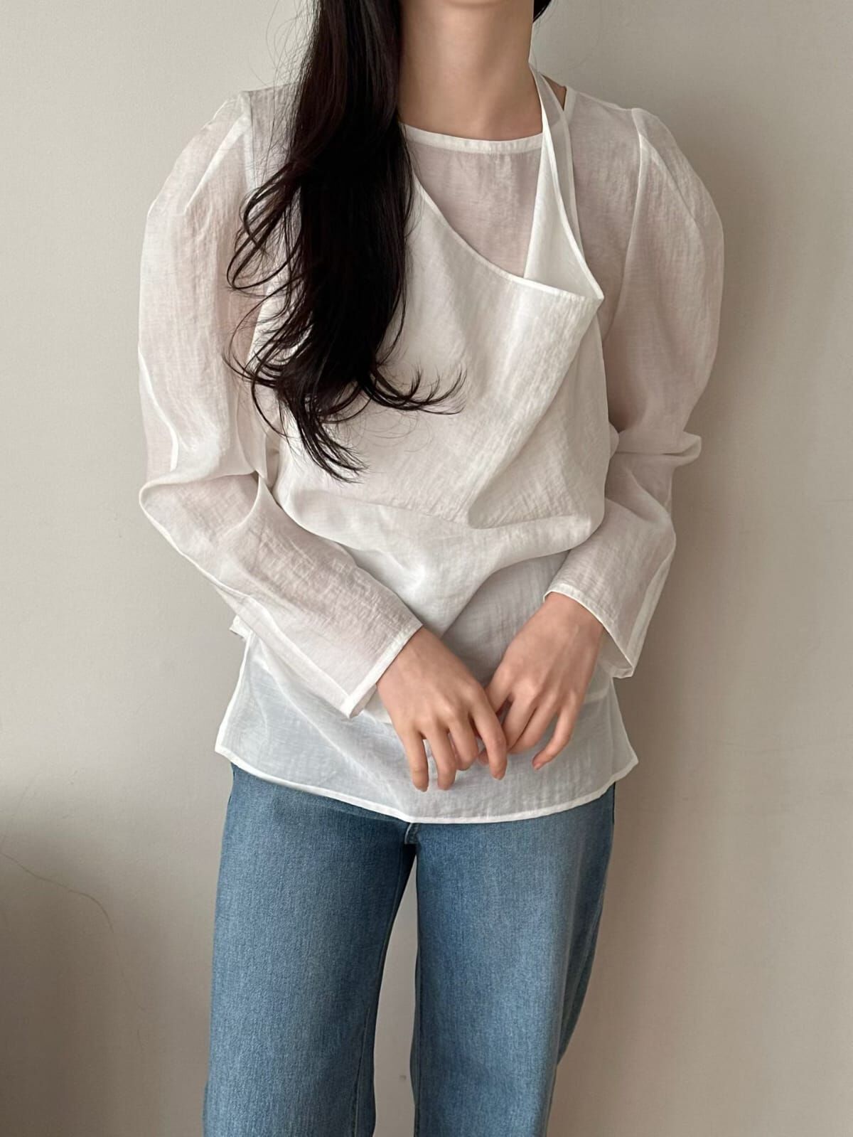 OG6028 假兩件掛脖堆堆透膚上衣