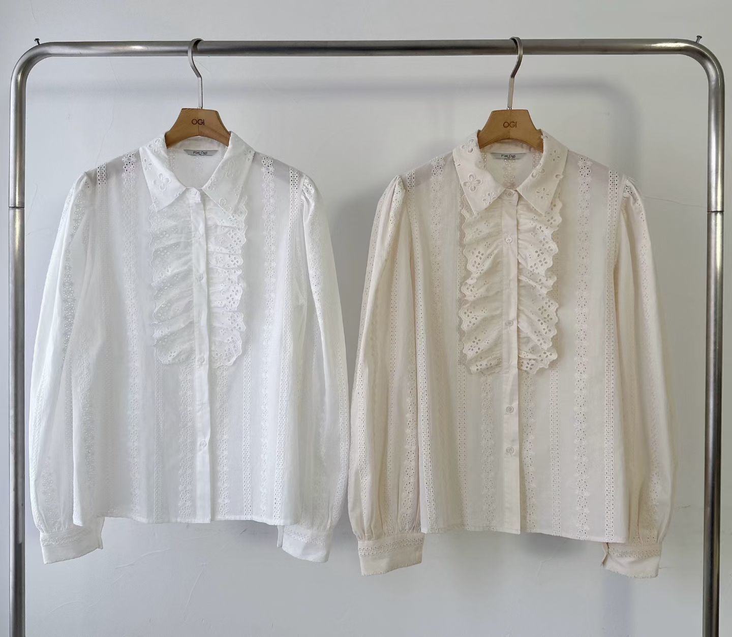 OG6033 鏤空刺綉Ruffle翻領襯衫