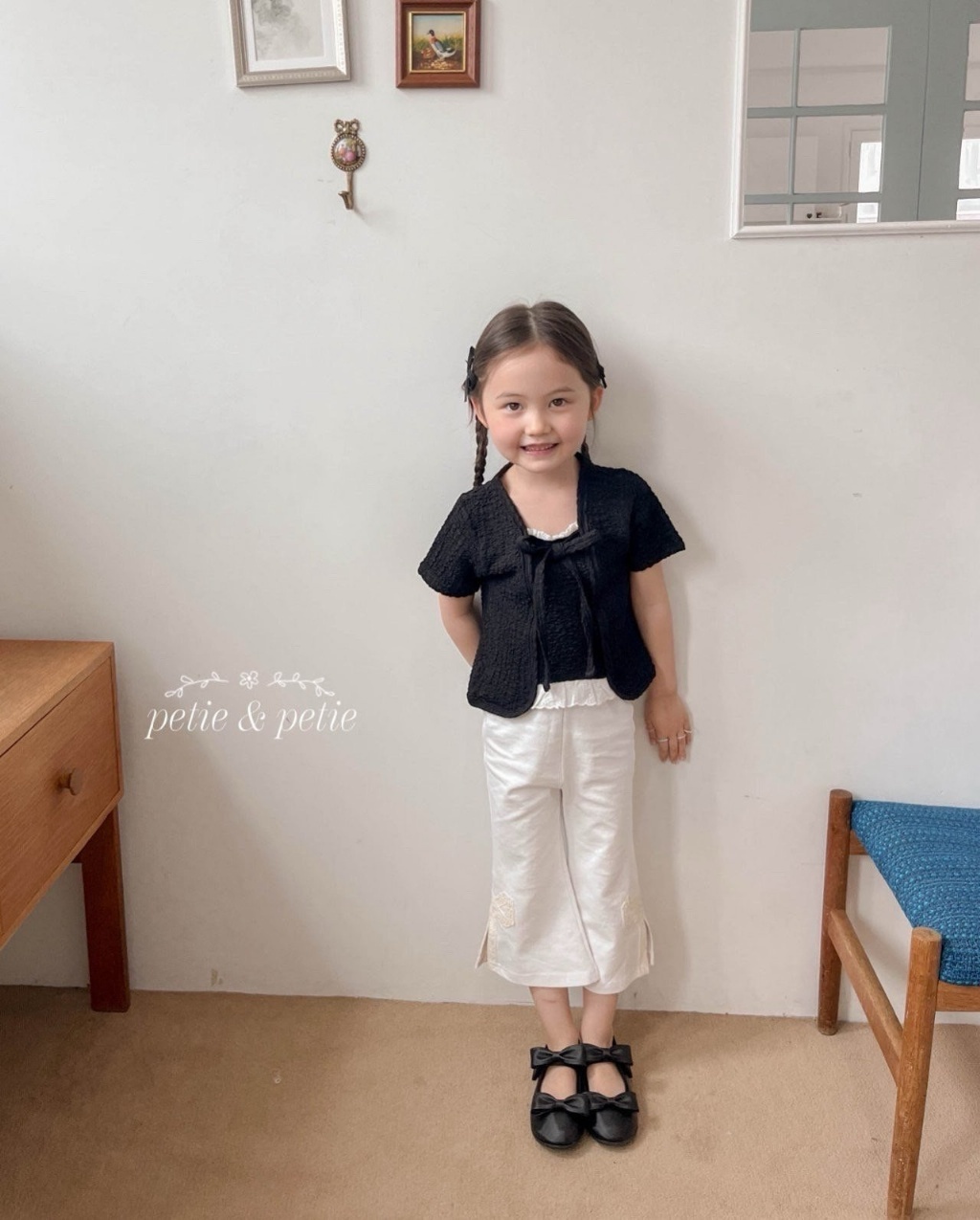 正韓夏Petitpetit 三色緞帶蕾絲蝴蝶結喇叭褲