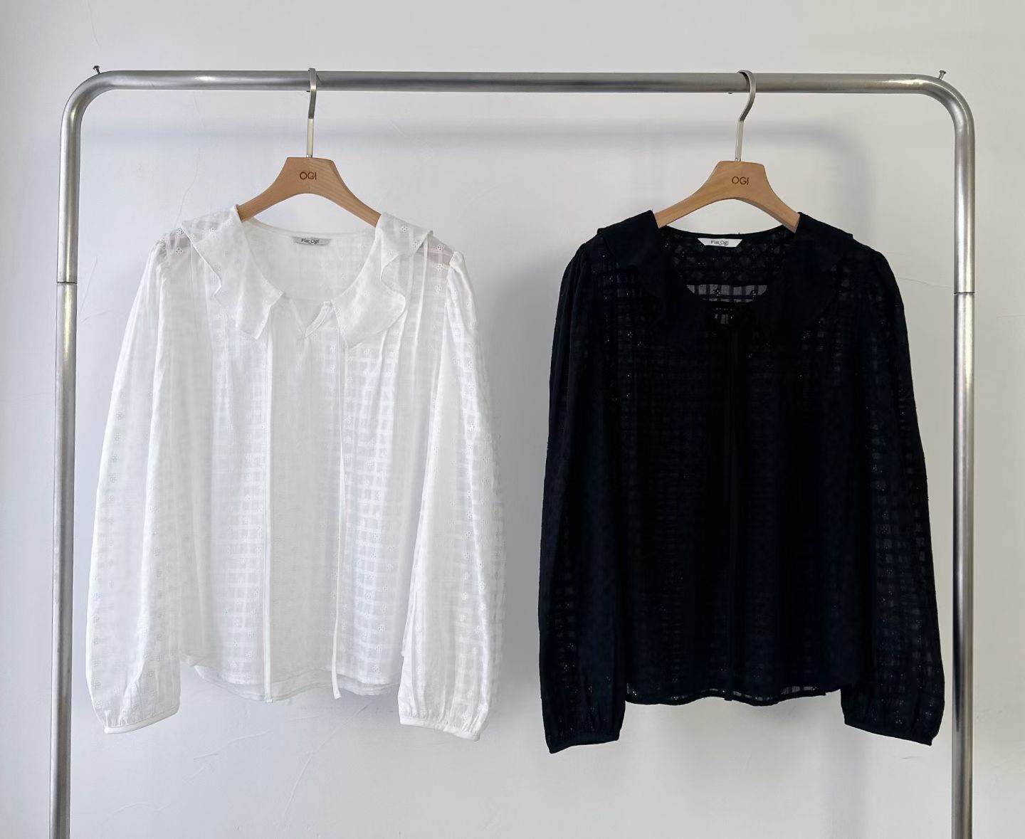 OG6034 窩夫鏤空娃娃領綁帶上衣