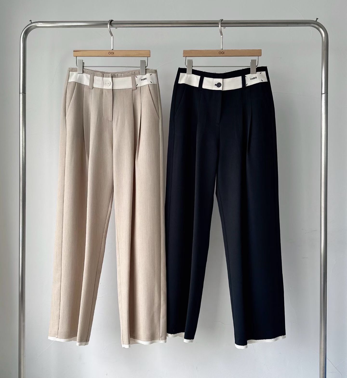 OG6039 拼色邊壓褶通勤休閑褲