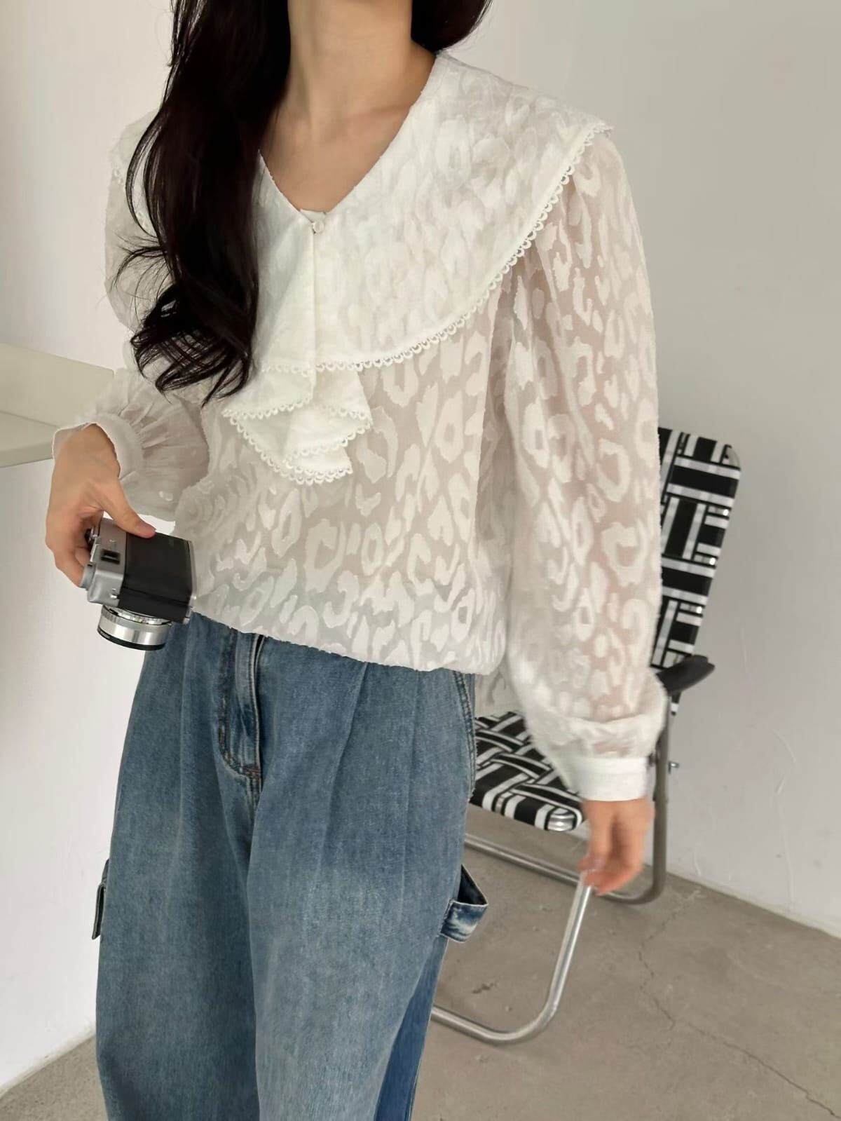 OG6040 披肩領豹紋微透上衣