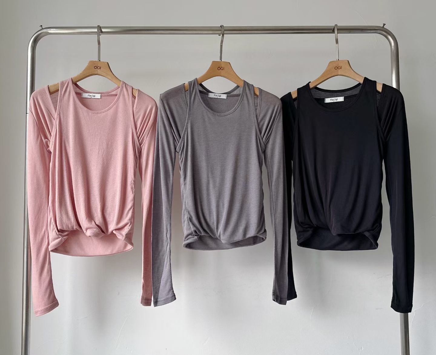 OG6041 假兩件小露肩抓皺顯瘦上衣