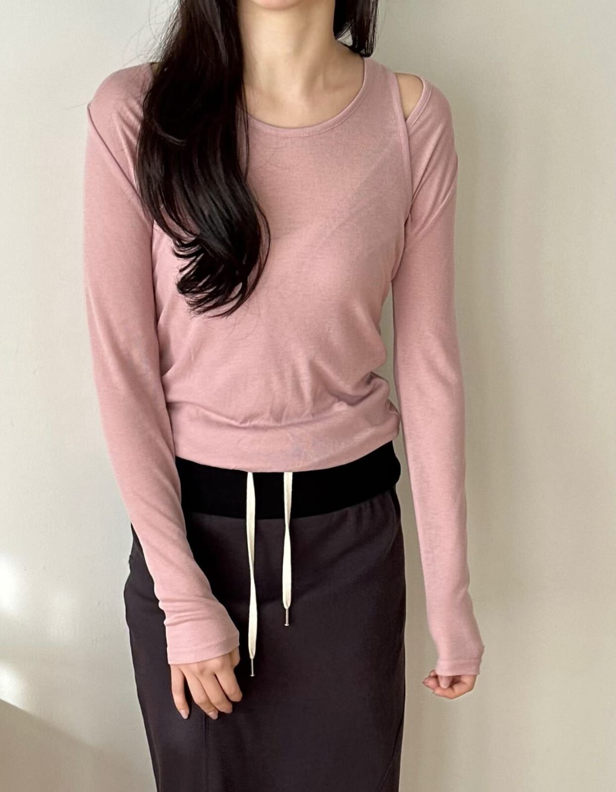 OG6041 假兩件小露肩抓皺顯瘦上衣