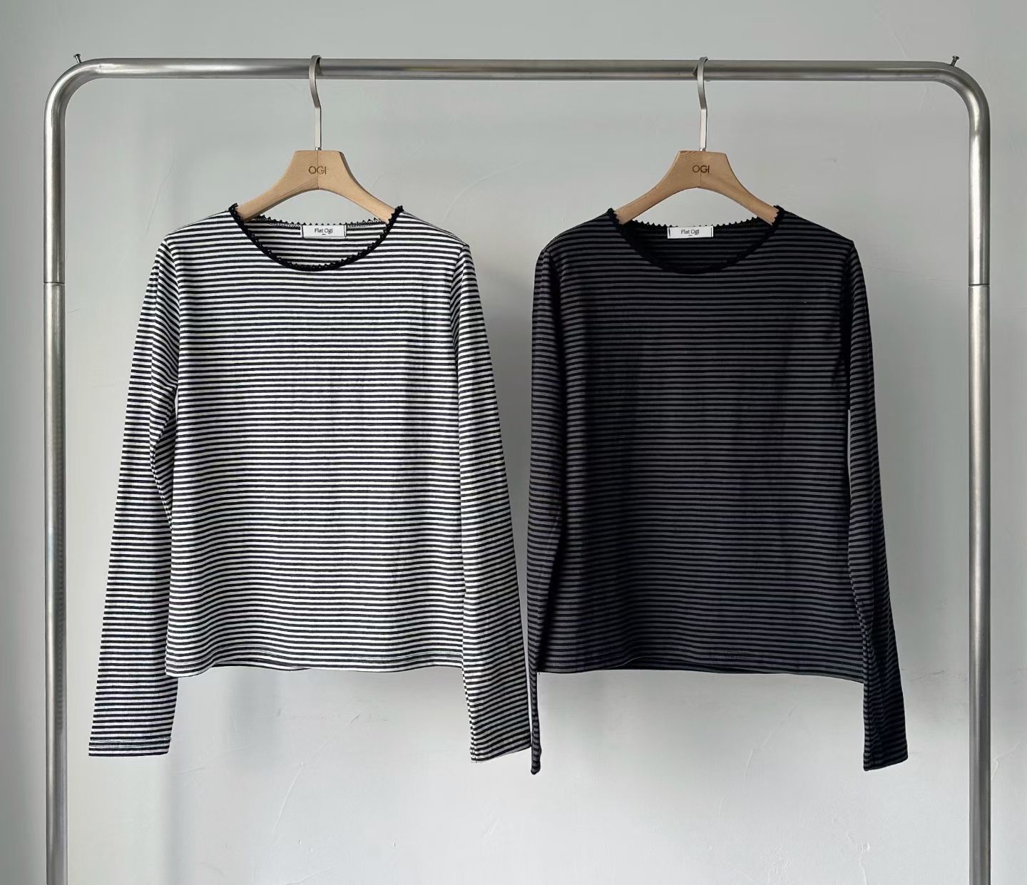 OG6042 間條鋸齒圓領百搭上衣