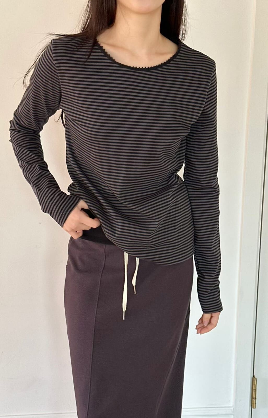 OG6042 間條鋸齒圓領百搭上衣