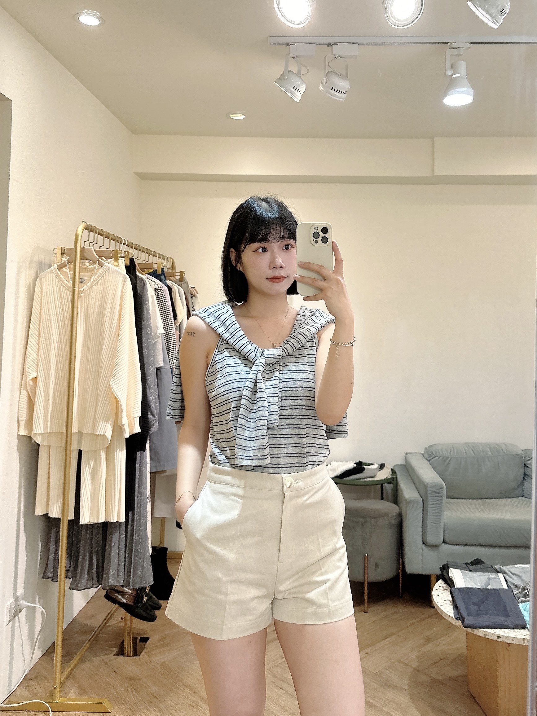 棉質條紋兩件式背心+排扣外套