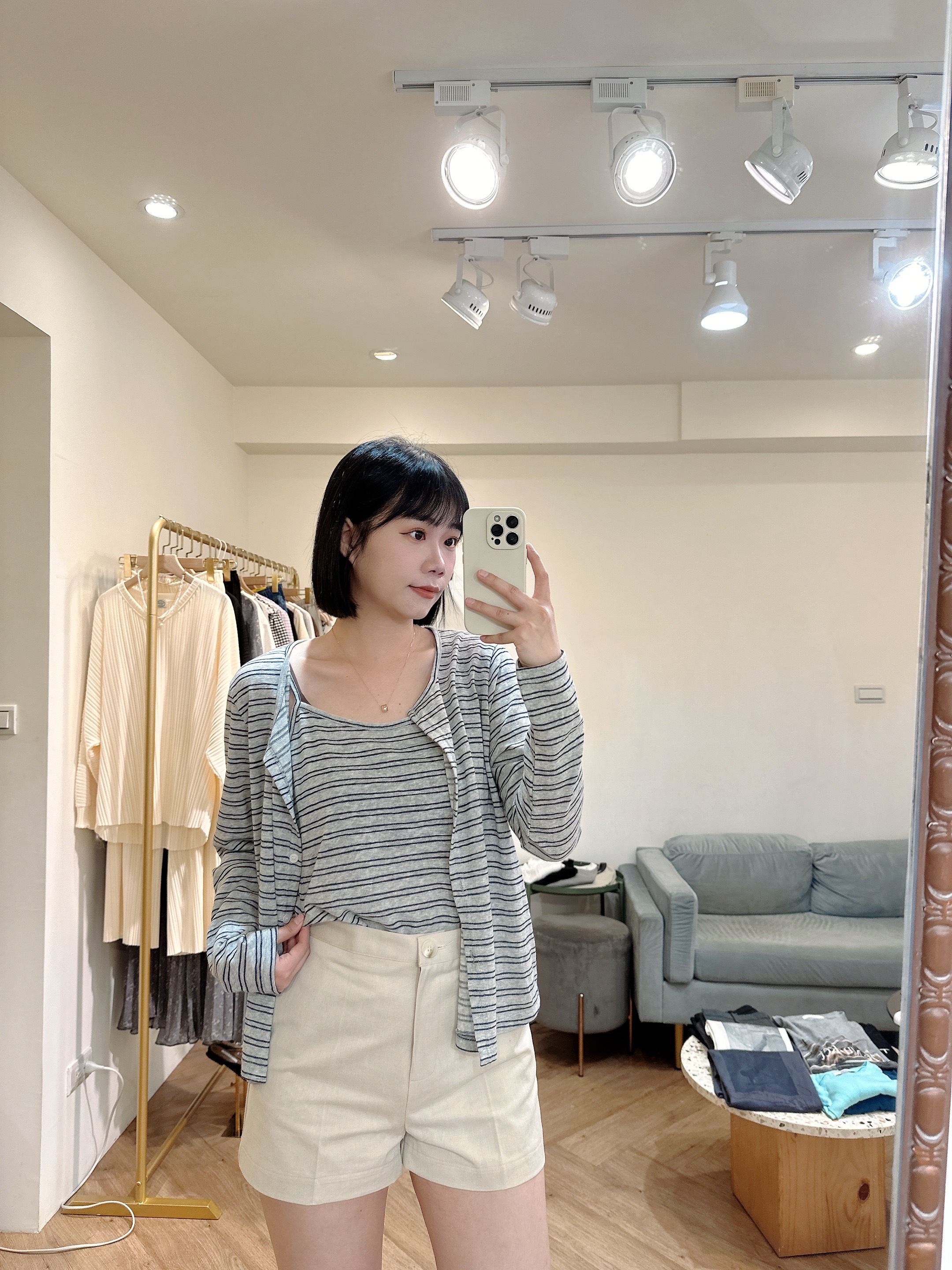 棉質條紋兩件式背心+排扣外套