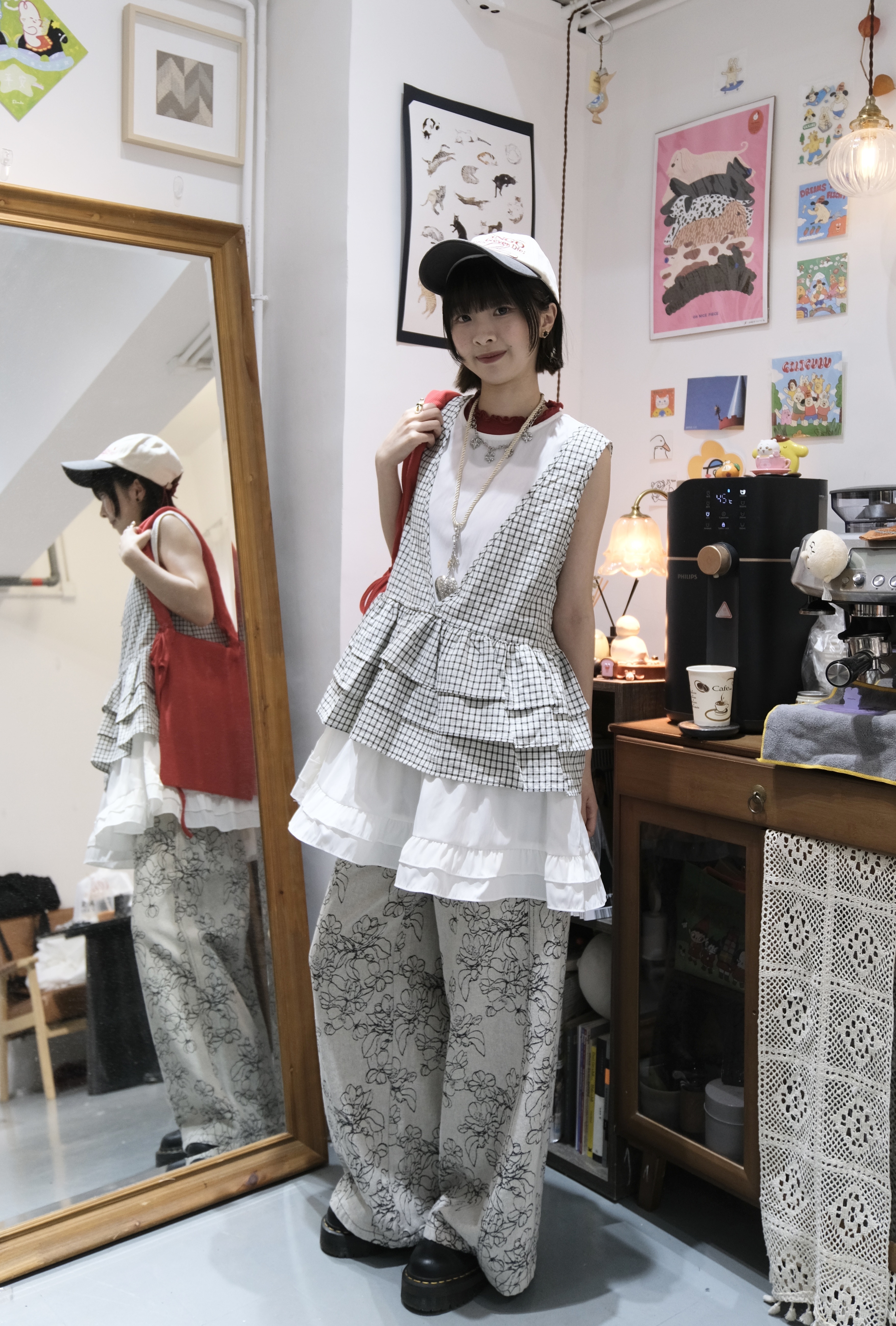 格仔雙層V領背心