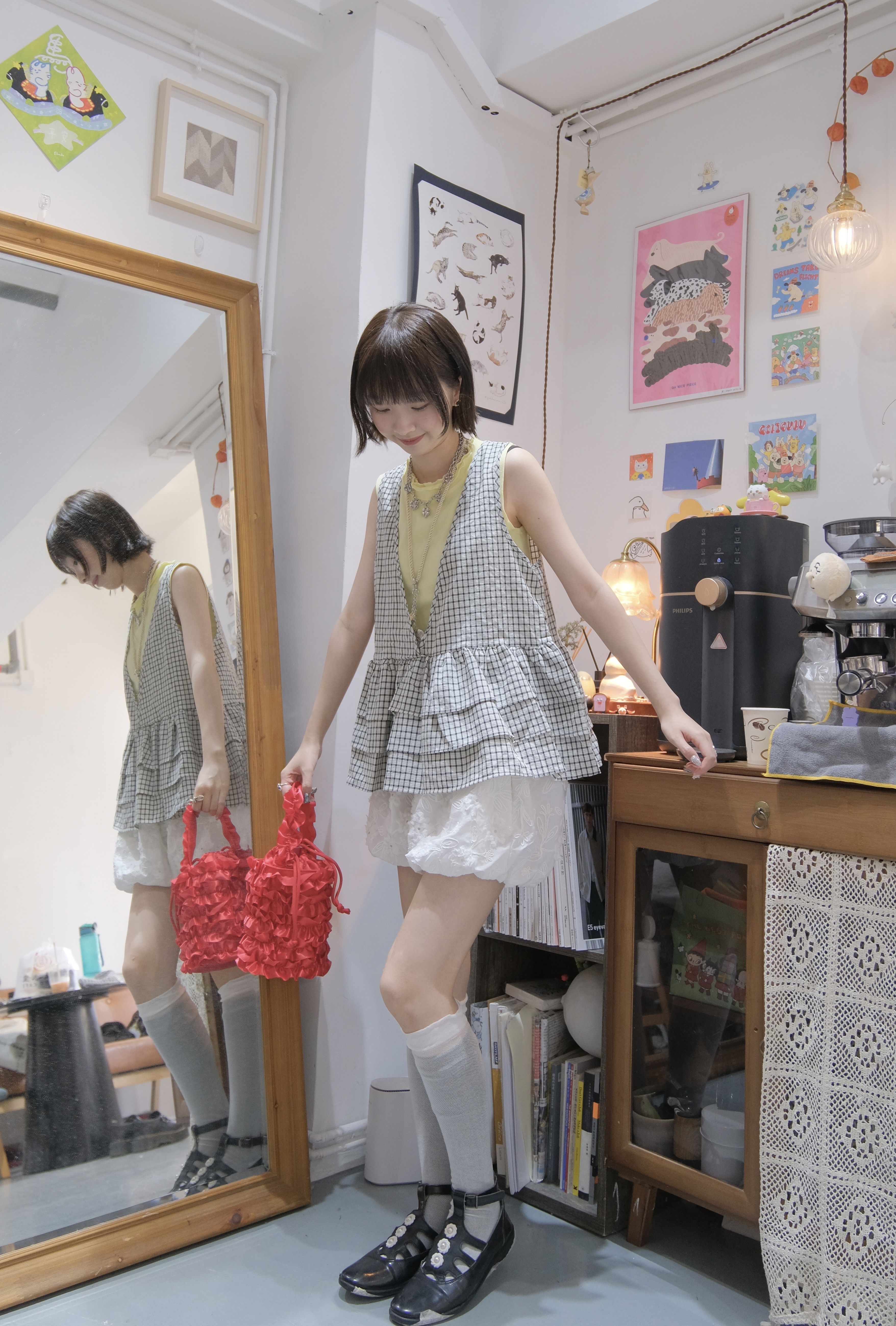 格仔雙層V領背心