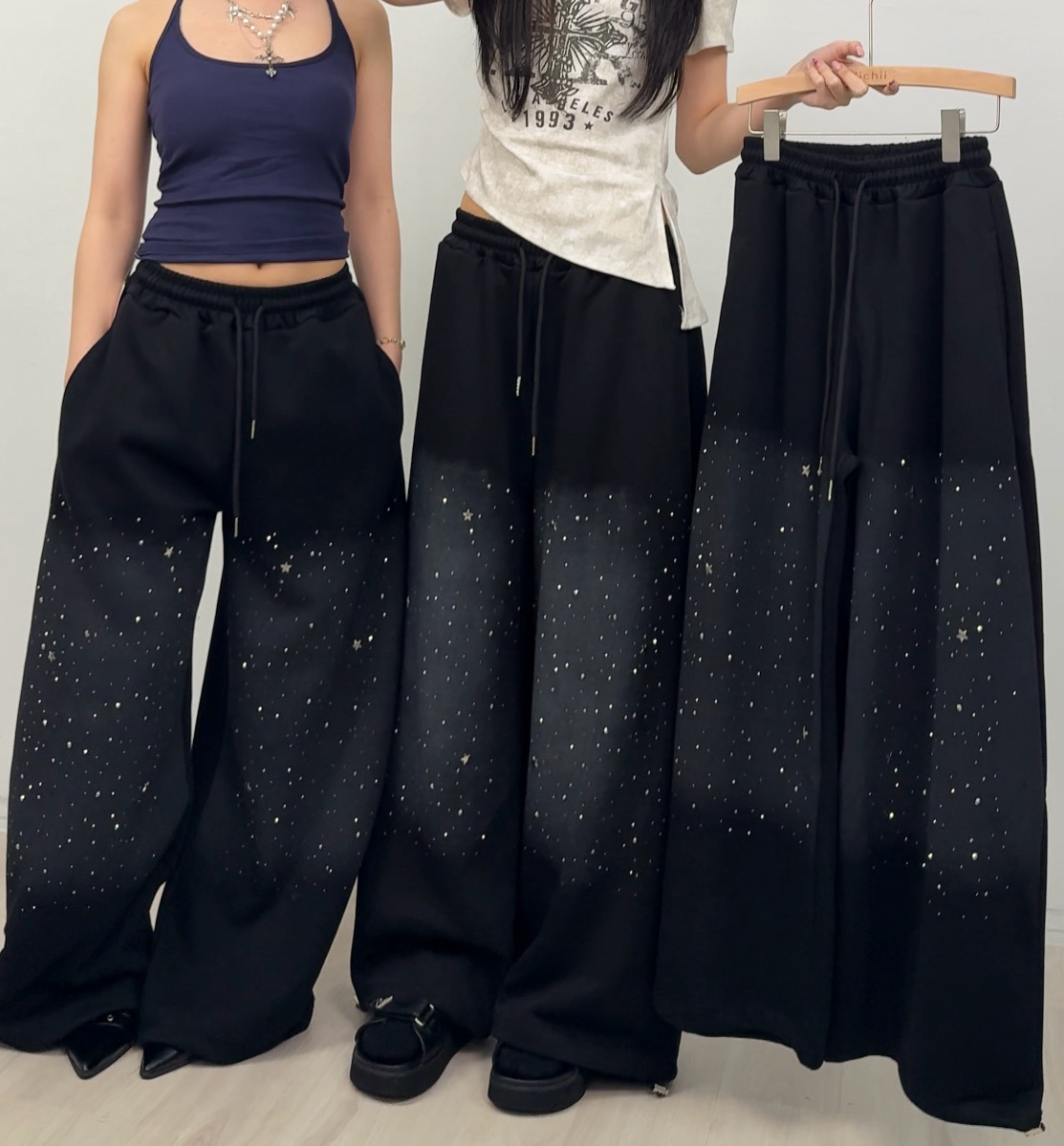 B36復古燙鑽刷色設計闊腿棉褲