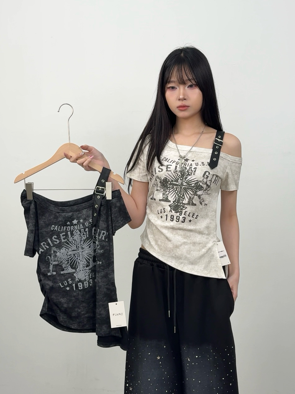 B37單肩十字架圖騰上衣