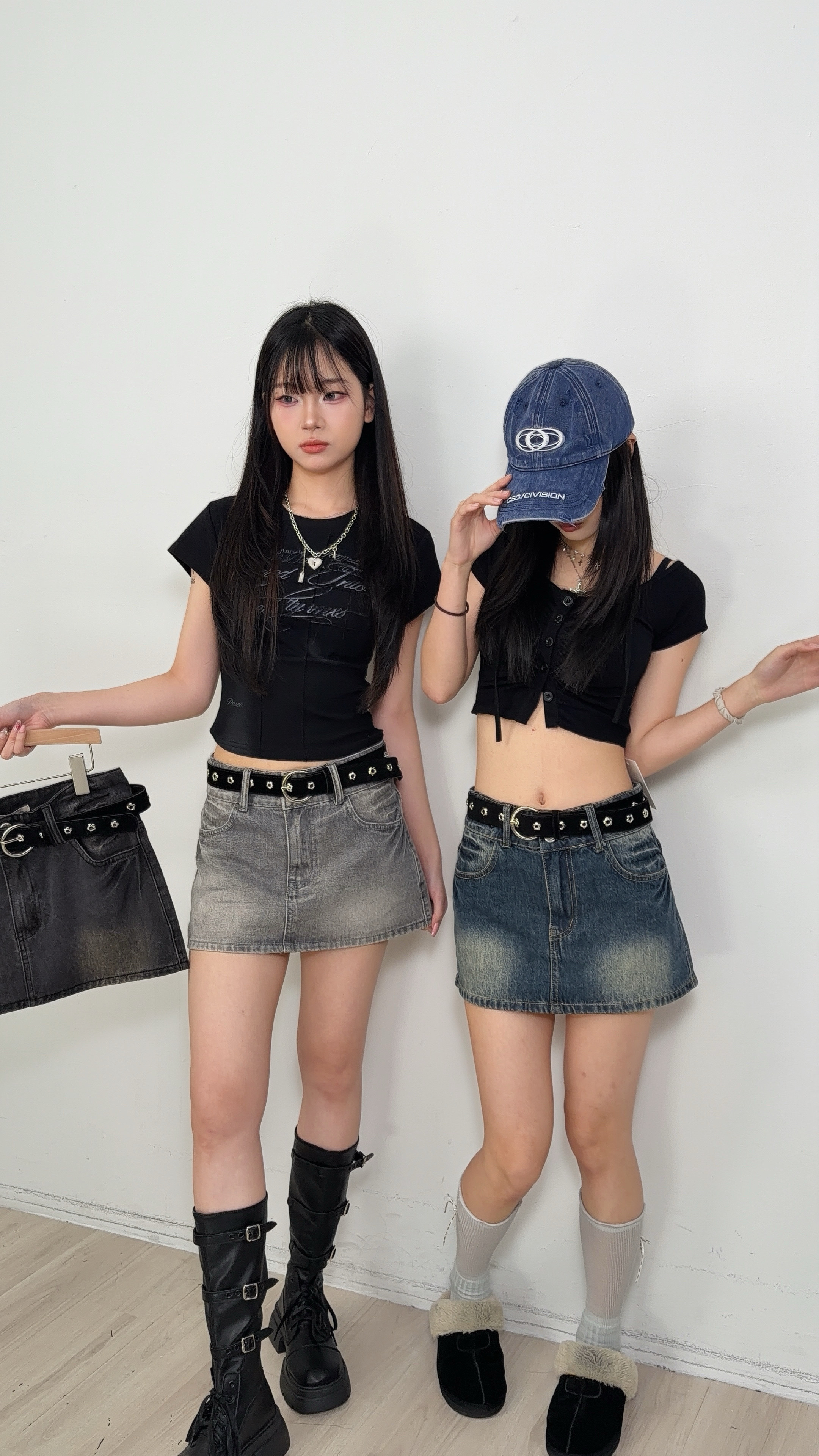 B56美式復古刷色牛仔A字裙(附皮帶)