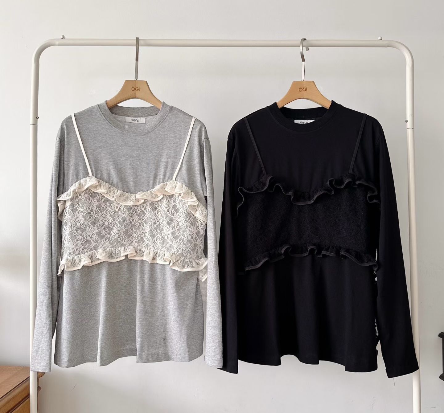 OG6048 假兩件吊帶蕾絲軟綿上衣