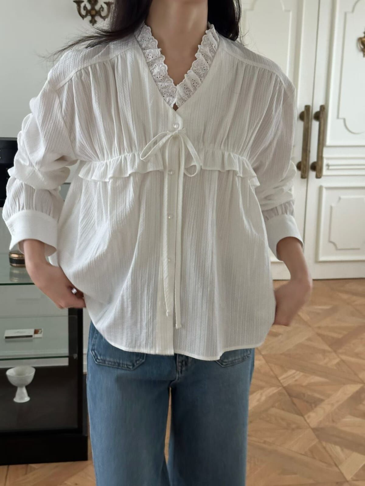 OG6050 優雅木耳蝴蝶綁帶排扣上衣