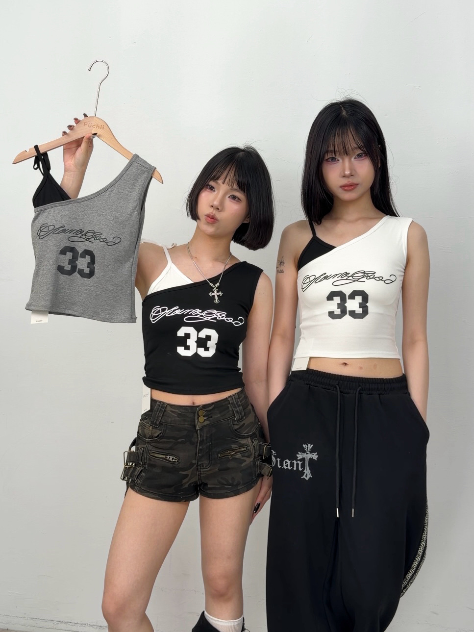 B07美式數字假兩件斜肩背心