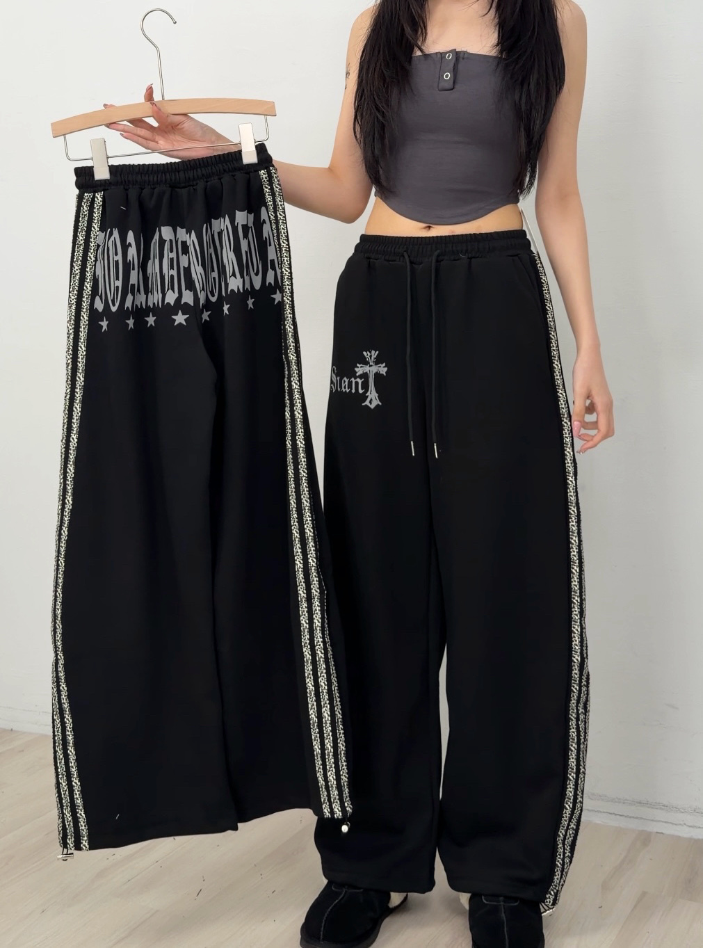 B09美式復古卯釘豹紋設計棉褲