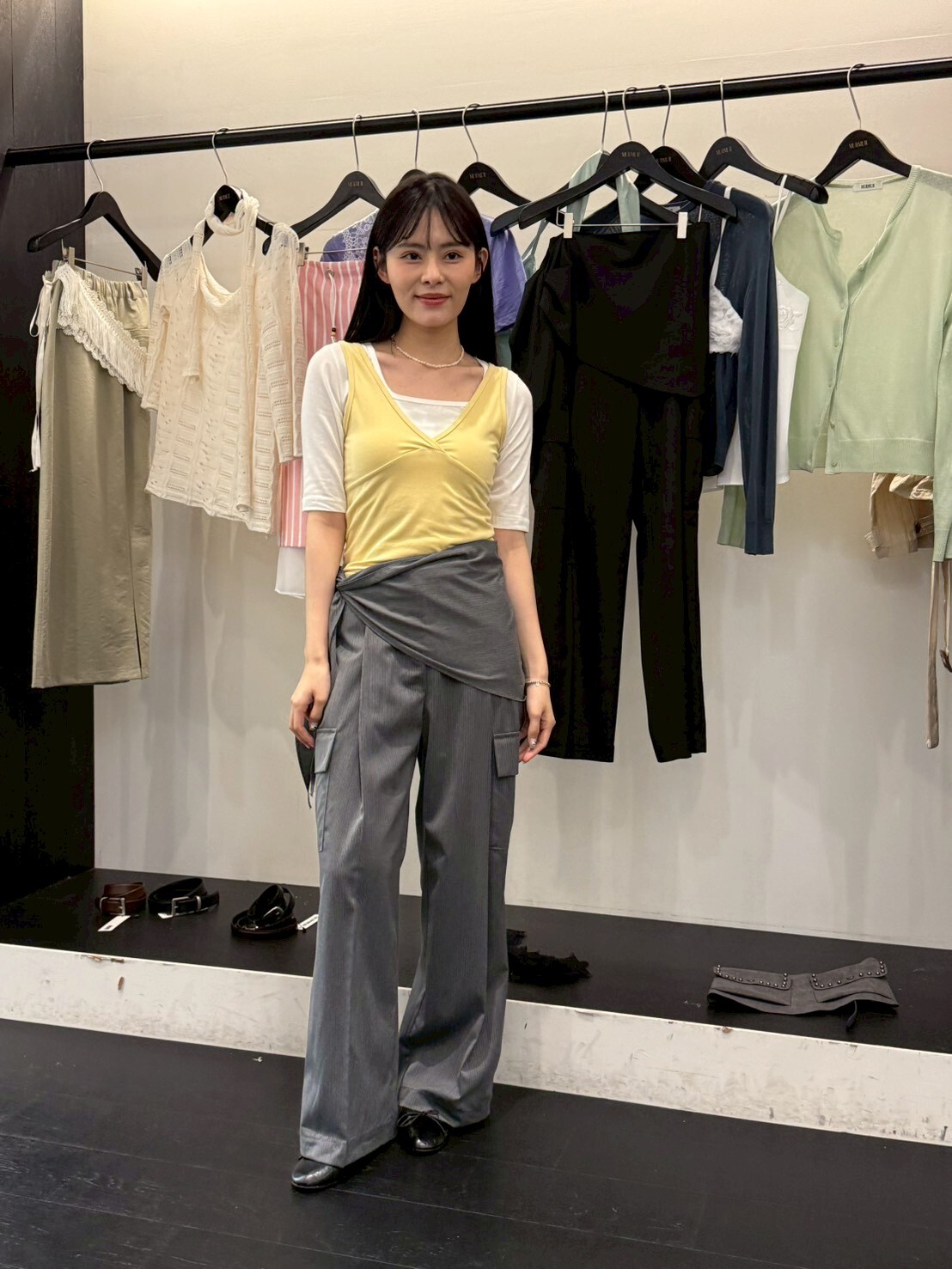 MR6029 暗直紋圍巾工裝褲