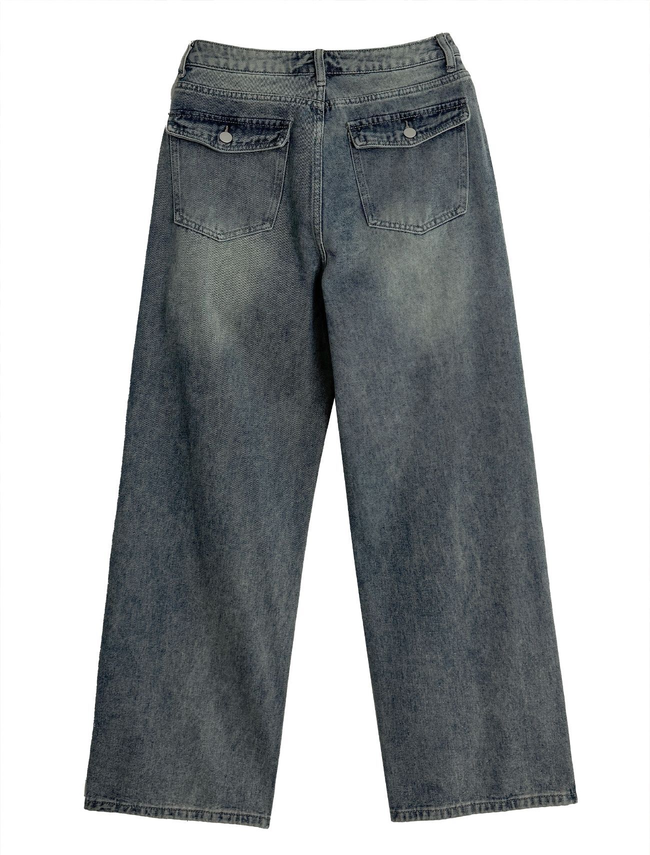 LOOXP 水洗基本款寬版牛仔長褲 中藍色 9608-4