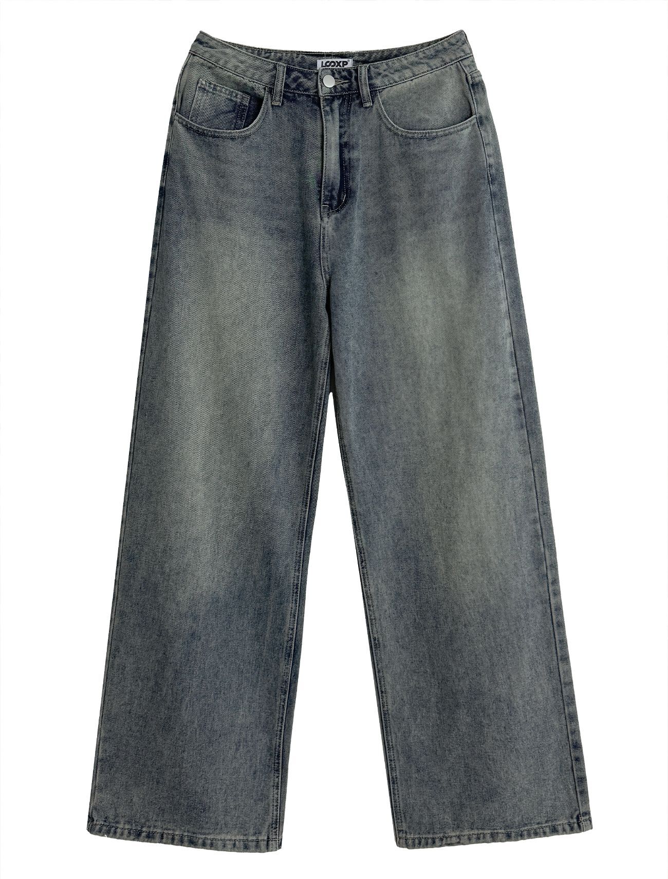 LOOXP 水洗基本款寬版牛仔長褲 中藍色 9608-4