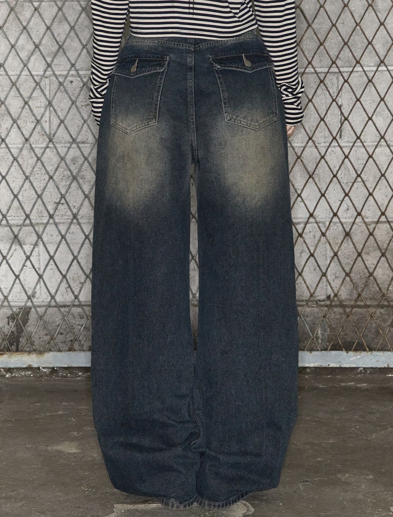 LOOXP 水洗口袋寬版牛仔長褲 深藍 9608-1