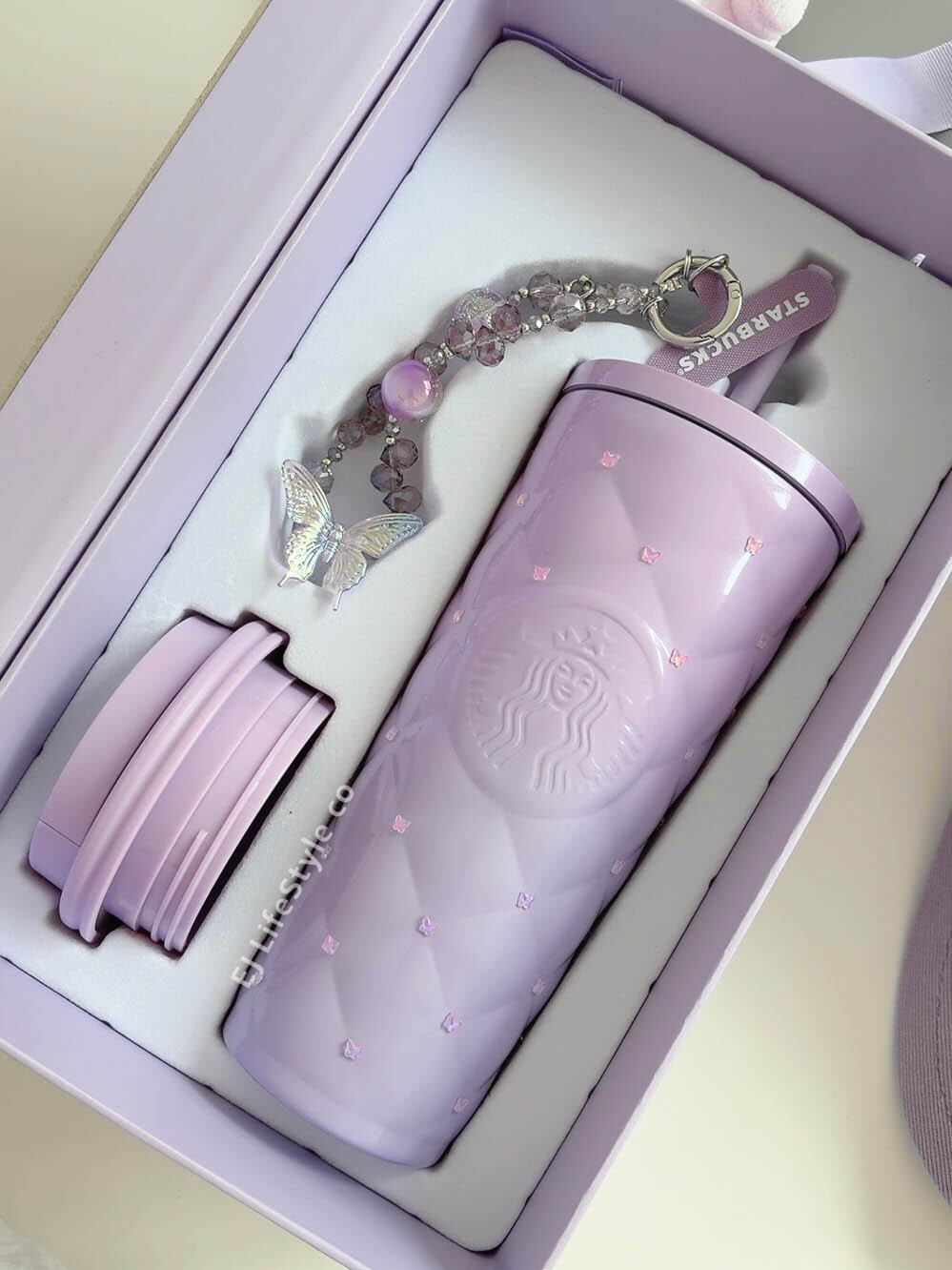STARBUCKS 星巴克 暮櫻翩翩系列 小香風 漸層粉紫 紫色 蝴蝶 禮盒 不銹鋼吸管杯 手機掛繩 / 現貨