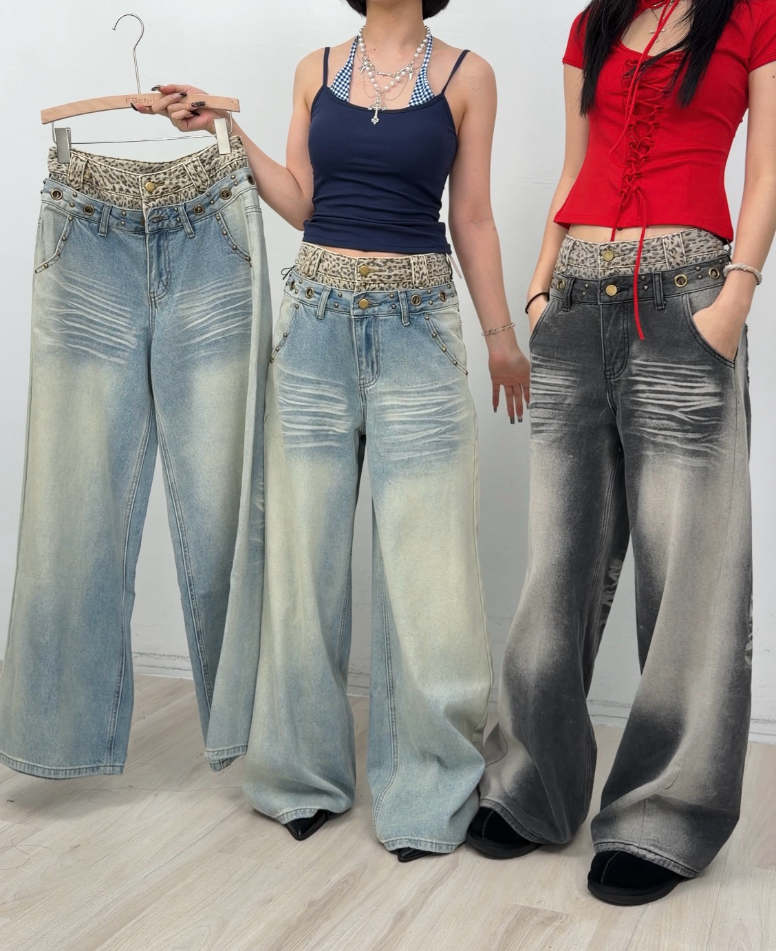 B51拼接豹紋水洗牛仔寬褲