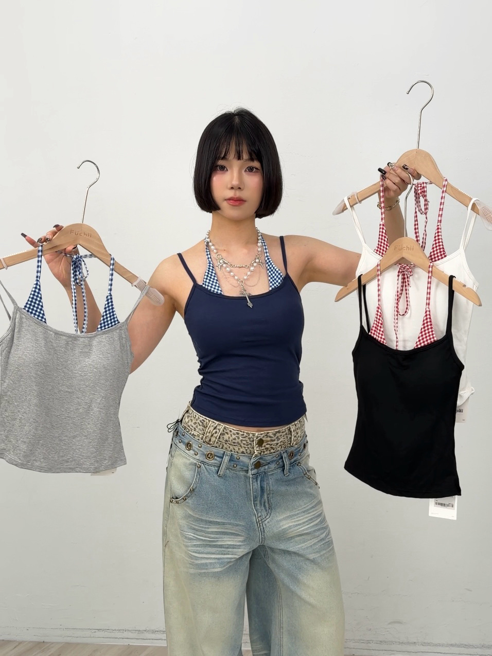 B50格子假兩件背心上衣