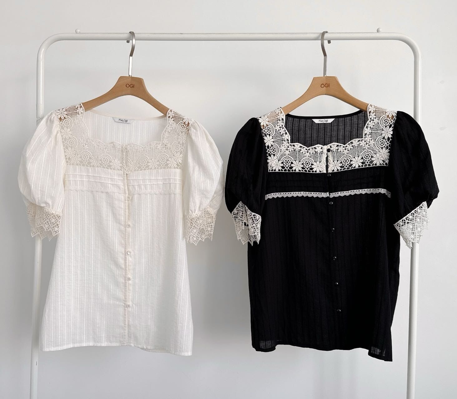 OG6054 鈎花方領公主袖排扣上衣